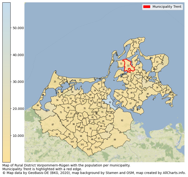 Map of Rural district Vorpommern-Rügen with the population per municipality.Municipality Trent is highlighted with a red edge.. This page shows a lot of information about residents (such as the distribution by age groups, family composition, gender, native or German with an immigration background, ...), homes (numbers, types, price development, use, type of property, ...) and more (car ownership, energy consumption, ...) based on open data from the German Federal Agency for Cartography, the Federal Statistical Office (DESTATIS), the Regional Statistical Offices and various other sources!