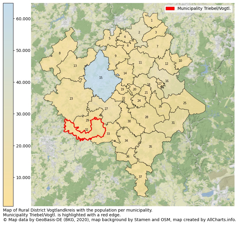 Map of Rural district Vogtlandkreis with the population per municipality.Municipality Triebel/Vogtl. is highlighted with a red edge.. This page shows a lot of information about residents (such as the distribution by age groups, family composition, gender, native or German with an immigration background, ...), homes (numbers, types, price development, use, type of property, ...) and more (car ownership, energy consumption, ...) based on open data from the German Federal Agency for Cartography, the Federal Statistical Office (DESTATIS), the Regional Statistical Offices and various other sources!
