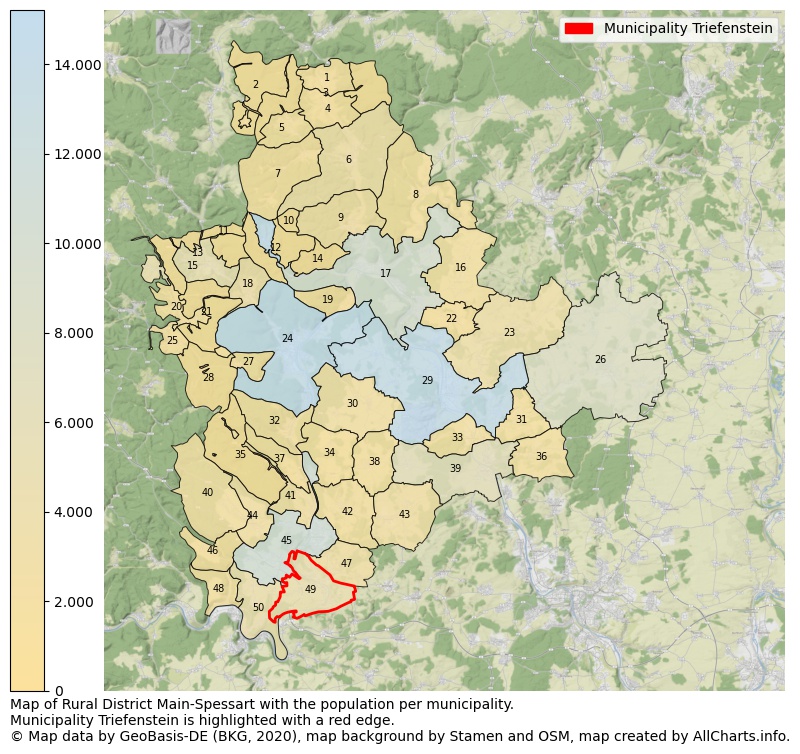 Map of Rural district Main-Spessart with the population per municipality.Municipality Triefenstein is highlighted with a red edge.. This page shows a lot of information about residents (such as the distribution by age groups, family composition, gender, native or German with an immigration background, ...), homes (numbers, types, price development, use, type of property, ...) and more (car ownership, energy consumption, ...) based on open data from the German Federal Agency for Cartography, the Federal Statistical Office (DESTATIS), the Regional Statistical Offices and various other sources!