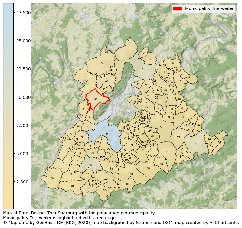 Map of Rural district Trier-Saarburg with the population per municipality.Municipality Trierweiler is highlighted with a red edge.. This page shows a lot of information about residents (such as the distribution by age groups, family composition, gender, native or German with an immigration background, ...), homes (numbers, types, price development, use, type of property, ...) and more (car ownership, energy consumption, ...) based on open data from the German Federal Agency for Cartography, the Federal Statistical Office (DESTATIS), the Regional Statistical Offices and various other sources!