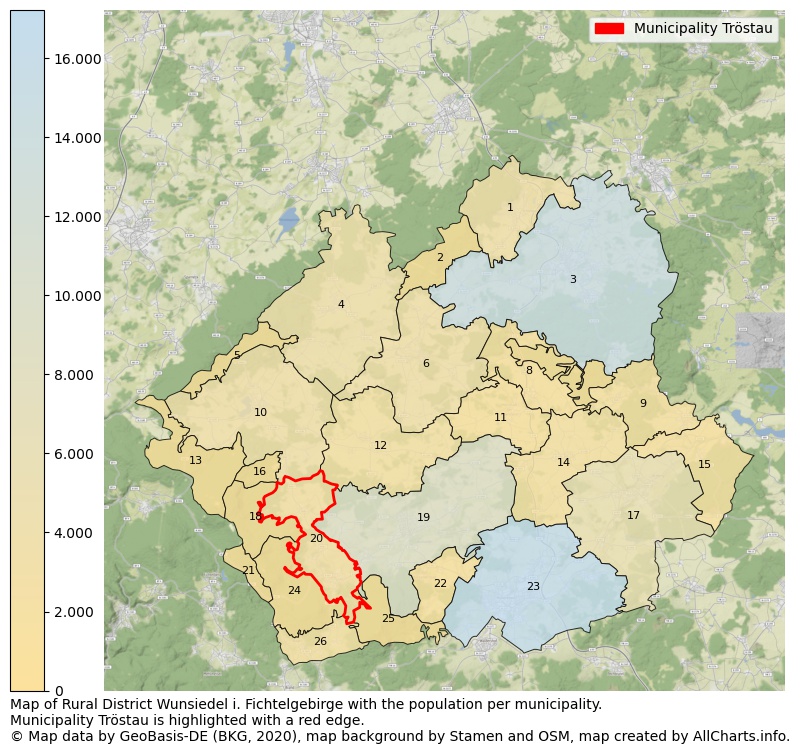 Map of Rural district Wunsiedel i. Fichtelgebirge with the population per municipality.Municipality Tröstau is highlighted with a red edge.. This page shows a lot of information about residents (such as the distribution by age groups, family composition, gender, native or German with an immigration background, ...), homes (numbers, types, price development, use, type of property, ...) and more (car ownership, energy consumption, ...) based on open data from the German Federal Agency for Cartography, the Federal Statistical Office (DESTATIS), the Regional Statistical Offices and various other sources!