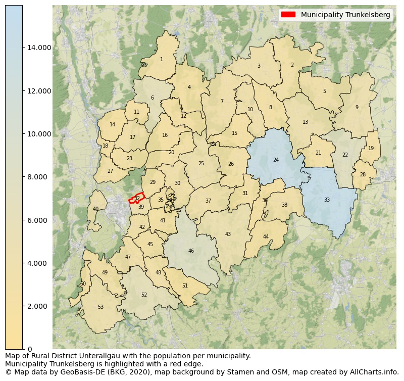 Map of Rural district Unterallgäu with the population per municipality.Municipality Trunkelsberg is highlighted with a red edge.. This page shows a lot of information about residents (such as the distribution by age groups, family composition, gender, native or German with an immigration background, ...), homes (numbers, types, price development, use, type of property, ...) and more (car ownership, energy consumption, ...) based on open data from the German Federal Agency for Cartography, the Federal Statistical Office (DESTATIS), the Regional Statistical Offices and various other sources!