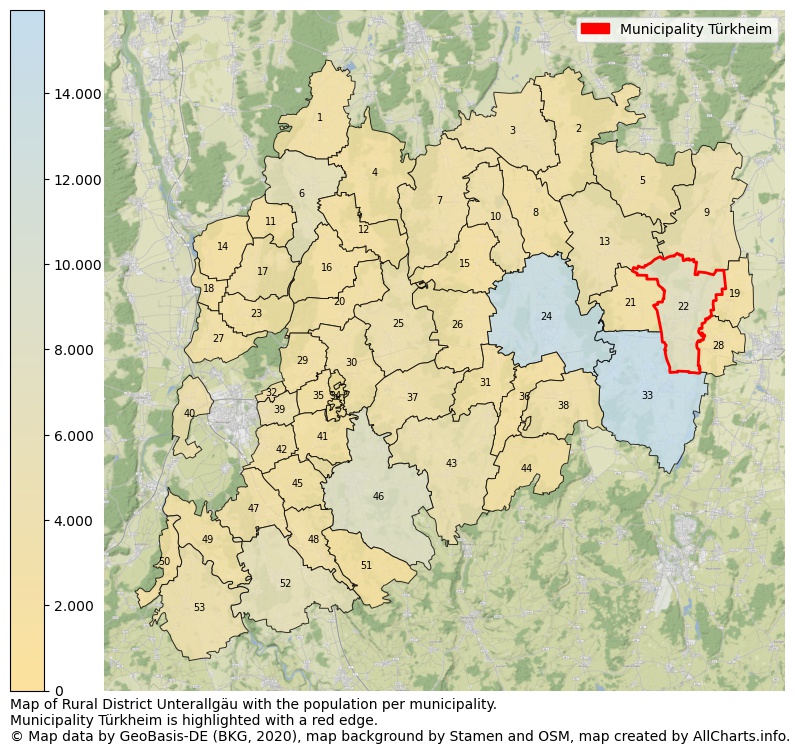 Map of Rural district Unterallgäu with the population per municipality.Municipality Türkheim is highlighted with a red edge.. This page shows a lot of information about residents (such as the distribution by age groups, family composition, gender, native or German with an immigration background, ...), homes (numbers, types, price development, use, type of property, ...) and more (car ownership, energy consumption, ...) based on open data from the German Federal Agency for Cartography, the Federal Statistical Office (DESTATIS), the Regional Statistical Offices and various other sources!