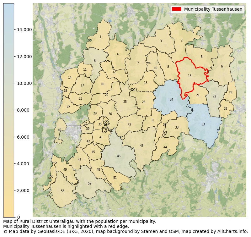 Map of Rural district Unterallgäu with the population per municipality.Municipality Tussenhausen is highlighted with a red edge.. This page shows a lot of information about residents (such as the distribution by age groups, family composition, gender, native or German with an immigration background, ...), homes (numbers, types, price development, use, type of property, ...) and more (car ownership, energy consumption, ...) based on open data from the German Federal Agency for Cartography, the Federal Statistical Office (DESTATIS), the Regional Statistical Offices and various other sources!