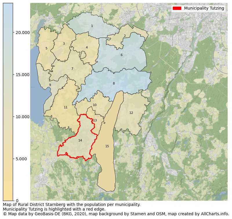 Map of Rural district Starnberg with the population per municipality.Municipality Tutzing is highlighted with a red edge.. This page shows a lot of information about residents (such as the distribution by age groups, family composition, gender, native or German with an immigration background, ...), homes (numbers, types, price development, use, type of property, ...) and more (car ownership, energy consumption, ...) based on open data from the German Federal Agency for Cartography, the Federal Statistical Office (DESTATIS), the Regional Statistical Offices and various other sources!