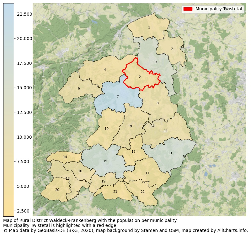 Map of Rural district Waldeck-Frankenberg with the population per municipality.Municipality Twistetal is highlighted with a red edge.. This page shows a lot of information about residents (such as the distribution by age groups, family composition, gender, native or German with an immigration background, ...), homes (numbers, types, price development, use, type of property, ...) and more (car ownership, energy consumption, ...) based on open data from the German Federal Agency for Cartography, the Federal Statistical Office (DESTATIS), the Regional Statistical Offices and various other sources!