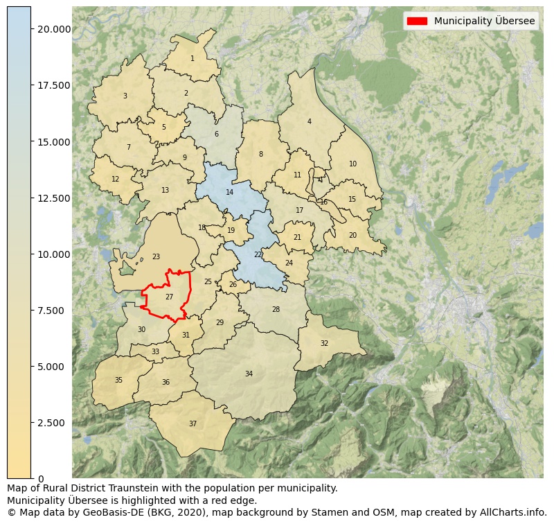 Map of Rural district Traunstein with the population per municipality.Municipality Übersee is highlighted with a red edge.. This page shows a lot of information about residents (such as the distribution by age groups, family composition, gender, native or German with an immigration background, ...), homes (numbers, types, price development, use, type of property, ...) and more (car ownership, energy consumption, ...) based on open data from the German Federal Agency for Cartography, the Federal Statistical Office (DESTATIS), the Regional Statistical Offices and various other sources!