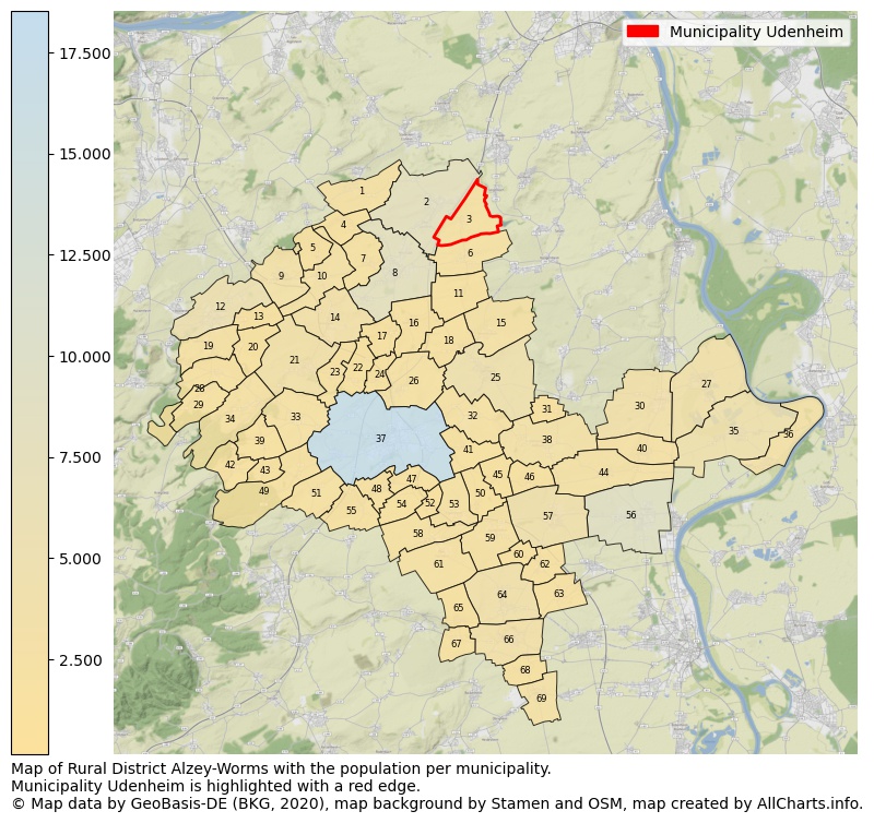 Map of Rural district Alzey-Worms with the population per municipality.Municipality Udenheim is highlighted with a red edge.. This page shows a lot of information about residents (such as the distribution by age groups, family composition, gender, native or German with an immigration background, ...), homes (numbers, types, price development, use, type of property, ...) and more (car ownership, energy consumption, ...) based on open data from the German Federal Agency for Cartography, the Federal Statistical Office (DESTATIS), the Regional Statistical Offices and various other sources!