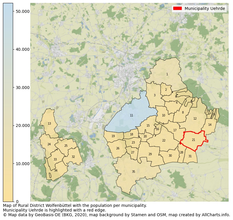 Map of Rural district Wolfenbüttel with the population per municipality.Municipality Uehrde is highlighted with a red edge.. This page shows a lot of information about residents (such as the distribution by age groups, family composition, gender, native or German with an immigration background, ...), homes (numbers, types, price development, use, type of property, ...) and more (car ownership, energy consumption, ...) based on open data from the German Federal Agency for Cartography, the Federal Statistical Office (DESTATIS), the Regional Statistical Offices and various other sources!