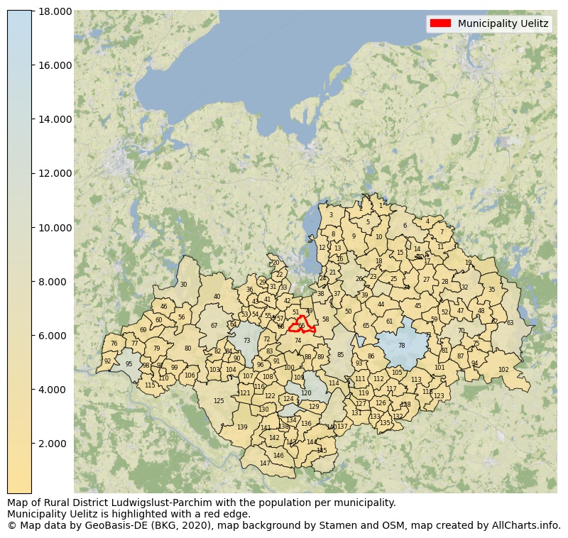 Map of Rural district Ludwigslust-Parchim with the population per municipality.Municipality Uelitz is highlighted with a red edge.. This page shows a lot of information about residents (such as the distribution by age groups, family composition, gender, native or German with an immigration background, ...), homes (numbers, types, price development, use, type of property, ...) and more (car ownership, energy consumption, ...) based on open data from the German Federal Agency for Cartography, the Federal Statistical Office (DESTATIS), the Regional Statistical Offices and various other sources!