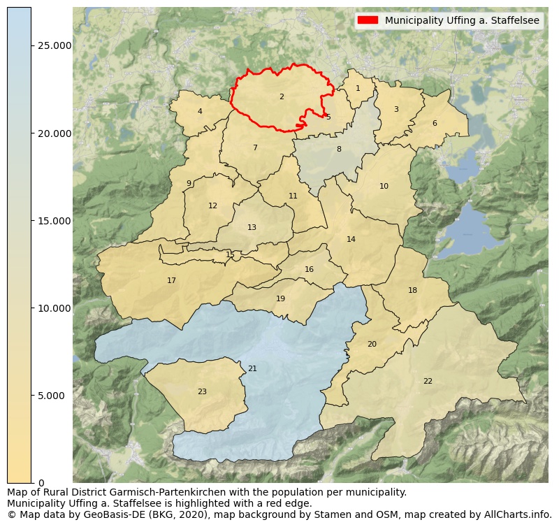 Map of Rural district Garmisch-Partenkirchen with the population per municipality.Municipality Uffing a. Staffelsee is highlighted with a red edge.. This page shows a lot of information about residents (such as the distribution by age groups, family composition, gender, native or German with an immigration background, ...), homes (numbers, types, price development, use, type of property, ...) and more (car ownership, energy consumption, ...) based on open data from the German Federal Agency for Cartography, the Federal Statistical Office (DESTATIS), the Regional Statistical Offices and various other sources!