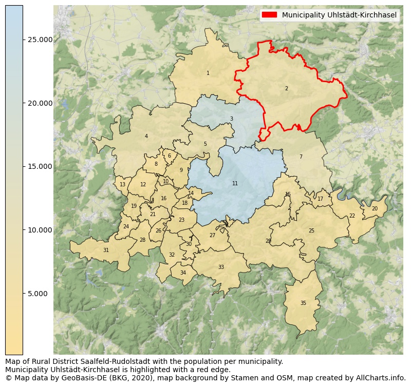 Map of Rural district Saalfeld-Rudolstadt with the population per municipality.Municipality Uhlstädt-Kirchhasel is highlighted with a red edge.. This page shows a lot of information about residents (such as the distribution by age groups, family composition, gender, native or German with an immigration background, ...), homes (numbers, types, price development, use, type of property, ...) and more (car ownership, energy consumption, ...) based on open data from the German Federal Agency for Cartography, the Federal Statistical Office (DESTATIS), the Regional Statistical Offices and various other sources!