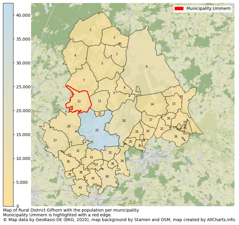 Map of Rural district Gifhorn with the population per municipality.Municipality Ummern is highlighted with a red edge.. This page shows a lot of information about residents (such as the distribution by age groups, family composition, gender, native or German with an immigration background, ...), homes (numbers, types, price development, use, type of property, ...) and more (car ownership, energy consumption, ...) based on open data from the German Federal Agency for Cartography, the Federal Statistical Office (DESTATIS), the Regional Statistical Offices and various other sources!