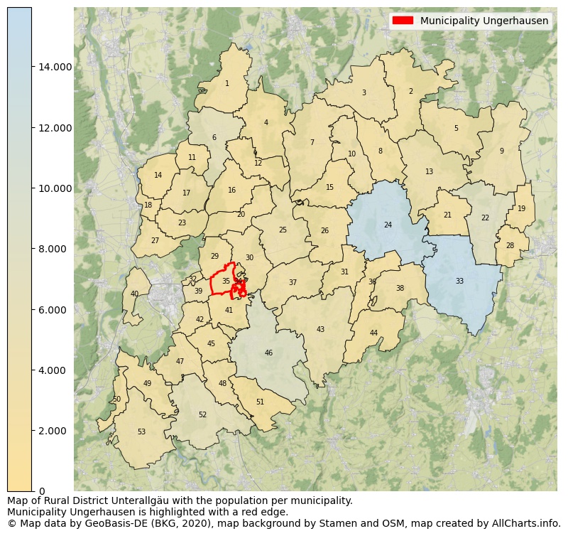 Map of Rural district Unterallgäu with the population per municipality.Municipality Ungerhausen is highlighted with a red edge.. This page shows a lot of information about residents (such as the distribution by age groups, family composition, gender, native or German with an immigration background, ...), homes (numbers, types, price development, use, type of property, ...) and more (car ownership, energy consumption, ...) based on open data from the German Federal Agency for Cartography, the Federal Statistical Office (DESTATIS), the Regional Statistical Offices and various other sources!