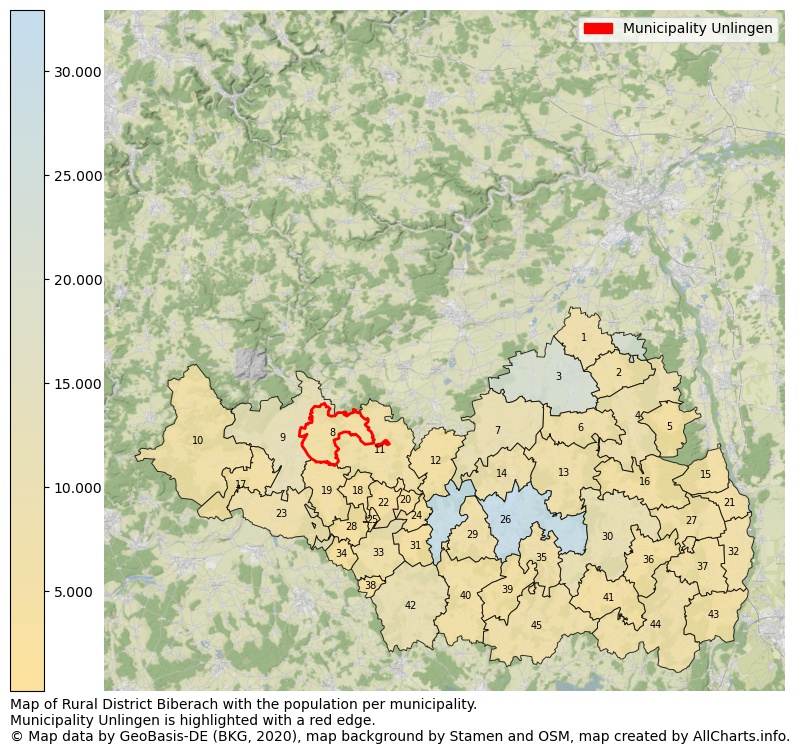 Map of Rural district Biberach with the population per municipality.Municipality Unlingen is highlighted with a red edge.. This page shows a lot of information about residents (such as the distribution by age groups, family composition, gender, native or German with an immigration background, ...), homes (numbers, types, price development, use, type of property, ...) and more (car ownership, energy consumption, ...) based on open data from the German Federal Agency for Cartography, the Federal Statistical Office (DESTATIS), the Regional Statistical Offices and various other sources!
