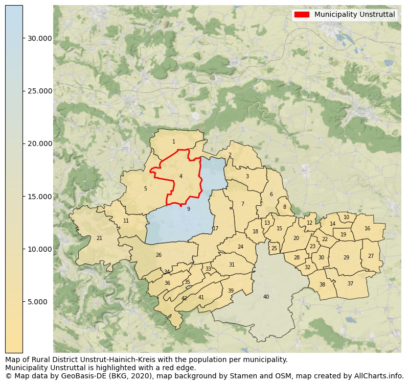 Map of Rural district Unstrut-Hainich-Kreis with the population per municipality.Municipality Unstruttal is highlighted with a red edge.. This page shows a lot of information about residents (such as the distribution by age groups, family composition, gender, native or German with an immigration background, ...), homes (numbers, types, price development, use, type of property, ...) and more (car ownership, energy consumption, ...) based on open data from the German Federal Agency for Cartography, the Federal Statistical Office (DESTATIS), the Regional Statistical Offices and various other sources!