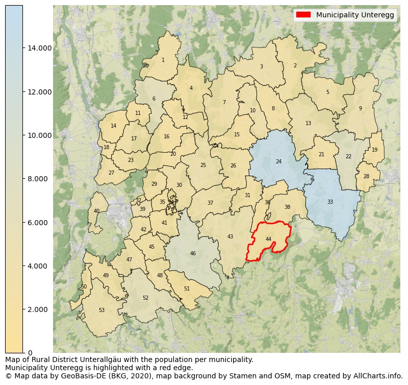 Map of Rural district Unterallgäu with the population per municipality.Municipality Unteregg is highlighted with a red edge.. This page shows a lot of information about residents (such as the distribution by age groups, family composition, gender, native or German with an immigration background, ...), homes (numbers, types, price development, use, type of property, ...) and more (car ownership, energy consumption, ...) based on open data from the German Federal Agency for Cartography, the Federal Statistical Office (DESTATIS), the Regional Statistical Offices and various other sources!