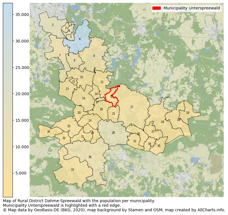 Map of Rural district Dahme-Spreewald with the population per municipality.Municipality Unterspreewald is highlighted with a red edge.. This page shows a lot of information about residents (such as the distribution by age groups, family composition, gender, native or German with an immigration background, ...), homes (numbers, types, price development, use, type of property, ...) and more (car ownership, energy consumption, ...) based on open data from the German Federal Agency for Cartography, the Federal Statistical Office (DESTATIS), the Regional Statistical Offices and various other sources!