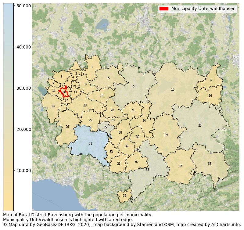Map of Rural district Ravensburg with the population per municipality.Municipality Unterwaldhausen is highlighted with a red edge.. This page shows a lot of information about residents (such as the distribution by age groups, family composition, gender, native or German with an immigration background, ...), homes (numbers, types, price development, use, type of property, ...) and more (car ownership, energy consumption, ...) based on open data from the German Federal Agency for Cartography, the Federal Statistical Office (DESTATIS), the Regional Statistical Offices and various other sources!