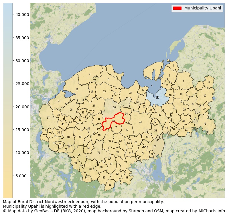 Map of Rural district Nordwestmecklenburg with the population per municipality.Municipality Upahl is highlighted with a red edge.. This page shows a lot of information about residents (such as the distribution by age groups, family composition, gender, native or German with an immigration background, ...), homes (numbers, types, price development, use, type of property, ...) and more (car ownership, energy consumption, ...) based on open data from the German Federal Agency for Cartography, the Federal Statistical Office (DESTATIS), the Regional Statistical Offices and various other sources!