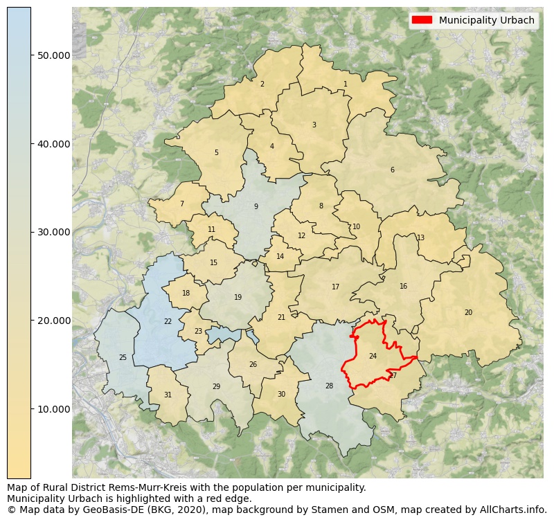 Map of Rural district Rems-Murr-Kreis with the population per municipality.Municipality Urbach is highlighted with a red edge.. This page shows a lot of information about residents (such as the distribution by age groups, family composition, gender, native or German with an immigration background, ...), homes (numbers, types, price development, use, type of property, ...) and more (car ownership, energy consumption, ...) based on open data from the German Federal Agency for Cartography, the Federal Statistical Office (DESTATIS), the Regional Statistical Offices and various other sources!