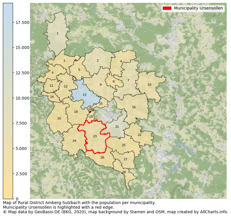 Map of Rural district Amberg-Sulzbach with the population per municipality.Municipality Ursensollen is highlighted with a red edge.. This page shows a lot of information about residents (such as the distribution by age groups, family composition, gender, native or German with an immigration background, ...), homes (numbers, types, price development, use, type of property, ...) and more (car ownership, energy consumption, ...) based on open data from the German Federal Agency for Cartography, the Federal Statistical Office (DESTATIS), the Regional Statistical Offices and various other sources!