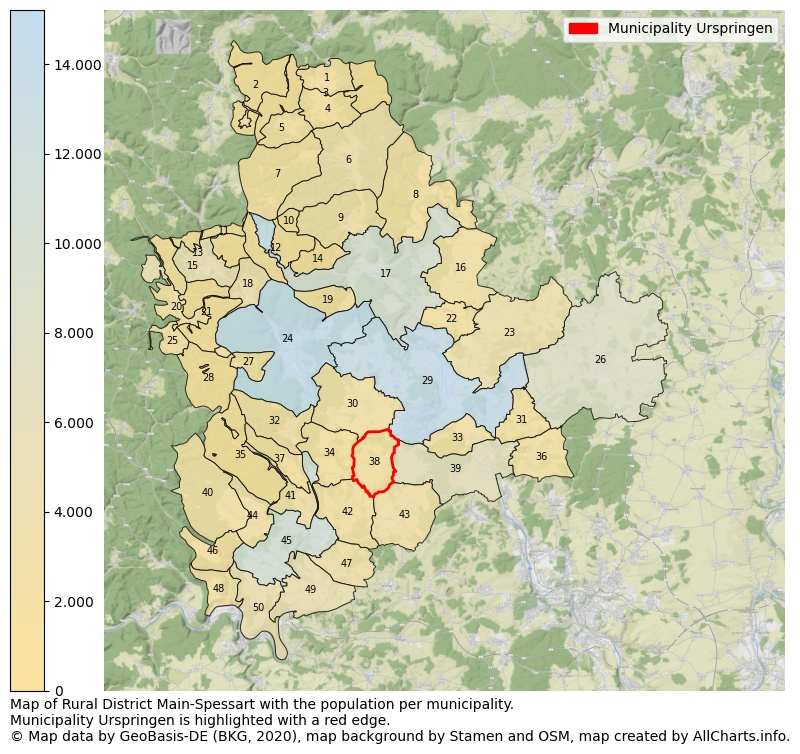 Map of Rural district Main-Spessart with the population per municipality.Municipality Urspringen is highlighted with a red edge.. This page shows a lot of information about residents (such as the distribution by age groups, family composition, gender, native or German with an immigration background, ...), homes (numbers, types, price development, use, type of property, ...) and more (car ownership, energy consumption, ...) based on open data from the German Federal Agency for Cartography, the Federal Statistical Office (DESTATIS), the Regional Statistical Offices and various other sources!
