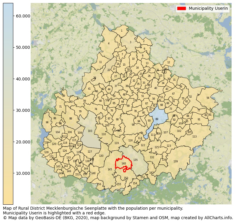 Map of Rural district Mecklenburgische Seenplatte with the population per municipality.Municipality Userin is highlighted with a red edge.. This page shows a lot of information about residents (such as the distribution by age groups, family composition, gender, native or German with an immigration background, ...), homes (numbers, types, price development, use, type of property, ...) and more (car ownership, energy consumption, ...) based on open data from the German Federal Agency for Cartography, the Federal Statistical Office (DESTATIS), the Regional Statistical Offices and various other sources!