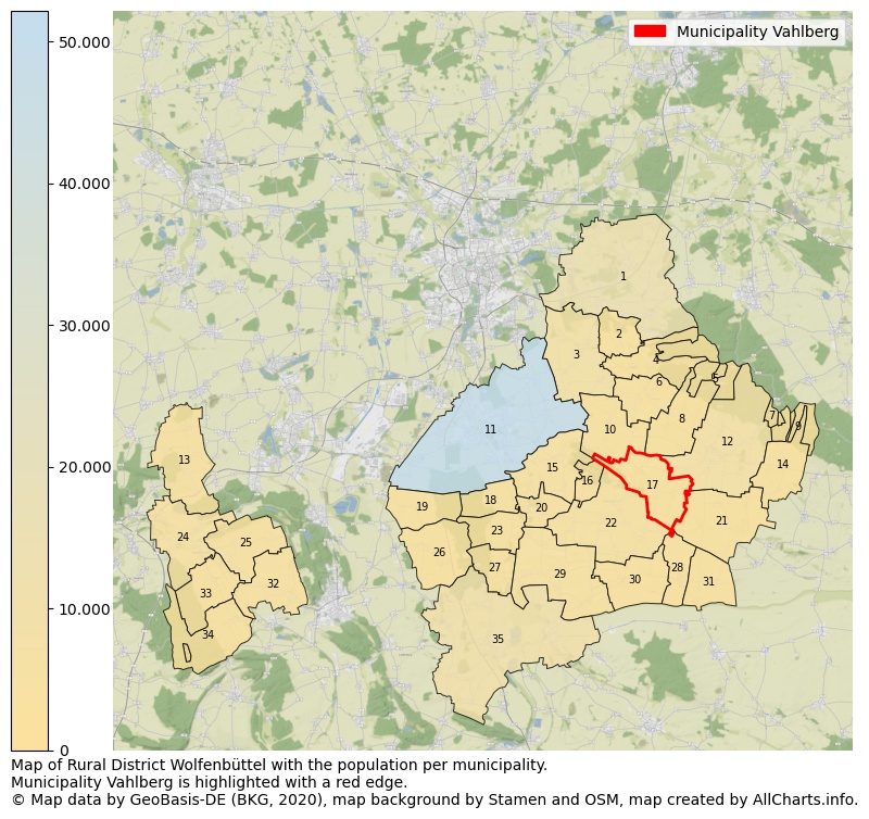 Map of Rural district Wolfenbüttel with the population per municipality.Municipality Vahlberg is highlighted with a red edge.. This page shows a lot of information about residents (such as the distribution by age groups, family composition, gender, native or German with an immigration background, ...), homes (numbers, types, price development, use, type of property, ...) and more (car ownership, energy consumption, ...) based on open data from the German Federal Agency for Cartography, the Federal Statistical Office (DESTATIS), the Regional Statistical Offices and various other sources!