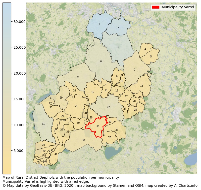 Map of Rural district Diepholz with the population per municipality.Municipality Varrel is highlighted with a red edge.. This page shows a lot of information about residents (such as the distribution by age groups, family composition, gender, native or German with an immigration background, ...), homes (numbers, types, price development, use, type of property, ...) and more (car ownership, energy consumption, ...) based on open data from the German Federal Agency for Cartography, the Federal Statistical Office (DESTATIS), the Regional Statistical Offices and various other sources!
