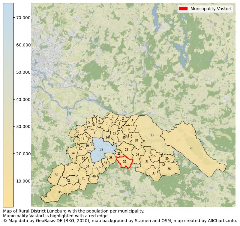 Map of Rural district Lüneburg with the population per municipality.Municipality Vastorf is highlighted with a red edge.. This page shows a lot of information about residents (such as the distribution by age groups, family composition, gender, native or German with an immigration background, ...), homes (numbers, types, price development, use, type of property, ...) and more (car ownership, energy consumption, ...) based on open data from the German Federal Agency for Cartography, the Federal Statistical Office (DESTATIS), the Regional Statistical Offices and various other sources!