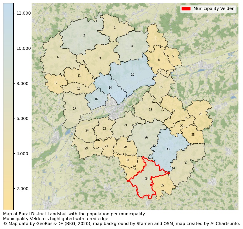 Map of Rural district Landshut with the population per municipality.Municipality Velden is highlighted with a red edge.. This page shows a lot of information about residents (such as the distribution by age groups, family composition, gender, native or German with an immigration background, ...), homes (numbers, types, price development, use, type of property, ...) and more (car ownership, energy consumption, ...) based on open data from the German Federal Agency for Cartography, the Federal Statistical Office (DESTATIS), the Regional Statistical Offices and various other sources!