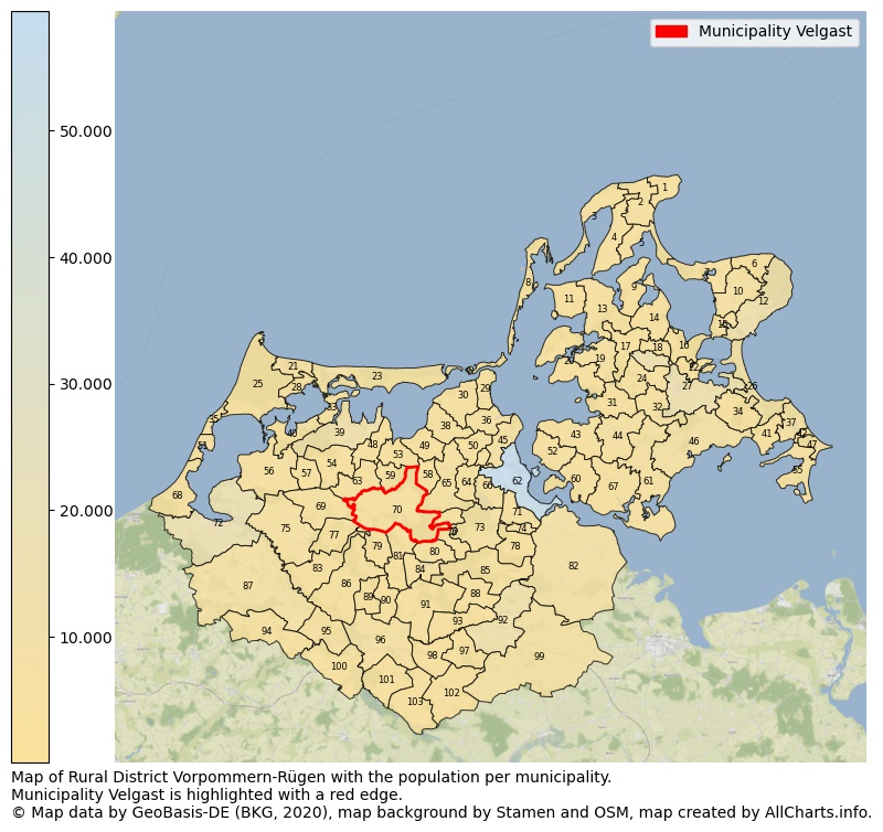 Map of Rural district Vorpommern-Rügen with the population per municipality.Municipality Velgast is highlighted with a red edge.. This page shows a lot of information about residents (such as the distribution by age groups, family composition, gender, native or German with an immigration background, ...), homes (numbers, types, price development, use, type of property, ...) and more (car ownership, energy consumption, ...) based on open data from the German Federal Agency for Cartography, the Federal Statistical Office (DESTATIS), the Regional Statistical Offices and various other sources!