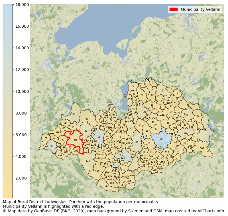 Map of Rural district Ludwigslust-Parchim with the population per municipality.Municipality Vellahn is highlighted with a red edge.. This page shows a lot of information about residents (such as the distribution by age groups, family composition, gender, native or German with an immigration background, ...), homes (numbers, types, price development, use, type of property, ...) and more (car ownership, energy consumption, ...) based on open data from the German Federal Agency for Cartography, the Federal Statistical Office (DESTATIS), the Regional Statistical Offices and various other sources!