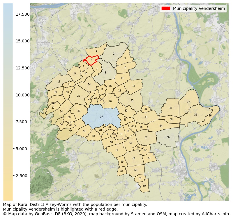 Map of Rural district Alzey-Worms with the population per municipality.Municipality Vendersheim is highlighted with a red edge.. This page shows a lot of information about residents (such as the distribution by age groups, family composition, gender, native or German with an immigration background, ...), homes (numbers, types, price development, use, type of property, ...) and more (car ownership, energy consumption, ...) based on open data from the German Federal Agency for Cartography, the Federal Statistical Office (DESTATIS), the Regional Statistical Offices and various other sources!