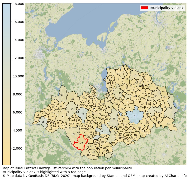 Map of Rural district Ludwigslust-Parchim with the population per municipality.Municipality Vielank is highlighted with a red edge.. This page shows a lot of information about residents (such as the distribution by age groups, family composition, gender, native or German with an immigration background, ...), homes (numbers, types, price development, use, type of property, ...) and more (car ownership, energy consumption, ...) based on open data from the German Federal Agency for Cartography, the Federal Statistical Office (DESTATIS), the Regional Statistical Offices and various other sources!