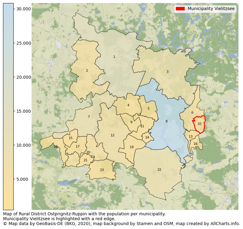 Map of Rural district Ostprignitz-Ruppin with the population per municipality.Municipality Vielitzsee is highlighted with a red edge.. This page shows a lot of information about residents (such as the distribution by age groups, family composition, gender, native or German with an immigration background, ...), homes (numbers, types, price development, use, type of property, ...) and more (car ownership, energy consumption, ...) based on open data from the German Federal Agency for Cartography, the Federal Statistical Office (DESTATIS), the Regional Statistical Offices and various other sources!