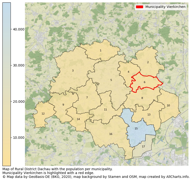Map of Rural district Dachau with the population per municipality.Municipality Vierkirchen is highlighted with a red edge.. This page shows a lot of information about residents (such as the distribution by age groups, family composition, gender, native or German with an immigration background, ...), homes (numbers, types, price development, use, type of property, ...) and more (car ownership, energy consumption, ...) based on open data from the German Federal Agency for Cartography, the Federal Statistical Office (DESTATIS), the Regional Statistical Offices and various other sources!