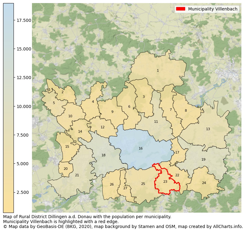 Map of Rural district Dillingen a.d. Donau with the population per municipality.Municipality Villenbach is highlighted with a red edge.. This page shows a lot of information about residents (such as the distribution by age groups, family composition, gender, native or German with an immigration background, ...), homes (numbers, types, price development, use, type of property, ...) and more (car ownership, energy consumption, ...) based on open data from the German Federal Agency for Cartography, the Federal Statistical Office (DESTATIS), the Regional Statistical Offices and various other sources!
