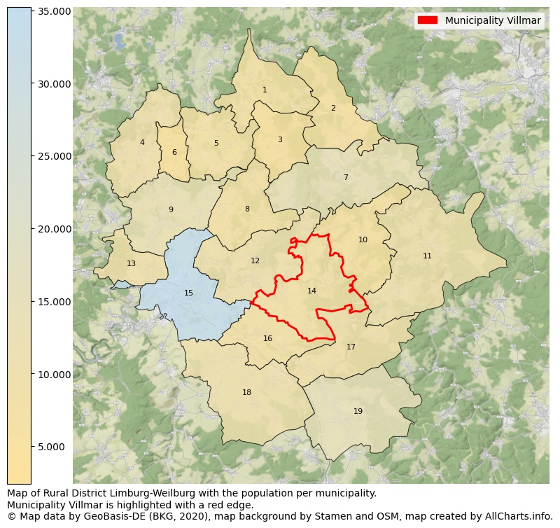 Map of Rural district Limburg-Weilburg with the population per municipality.Municipality Villmar is highlighted with a red edge.. This page shows a lot of information about residents (such as the distribution by age groups, family composition, gender, native or German with an immigration background, ...), homes (numbers, types, price development, use, type of property, ...) and more (car ownership, energy consumption, ...) based on open data from the German Federal Agency for Cartography, the Federal Statistical Office (DESTATIS), the Regional Statistical Offices and various other sources!