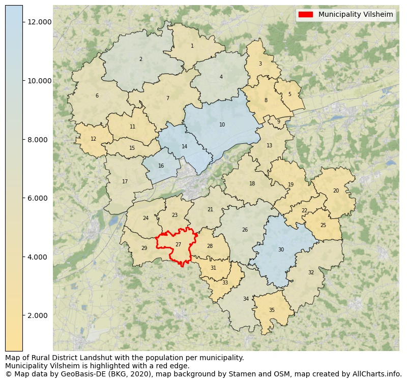 Map of Rural district Landshut with the population per municipality.Municipality Vilsheim is highlighted with a red edge.. This page shows a lot of information about residents (such as the distribution by age groups, family composition, gender, native or German with an immigration background, ...), homes (numbers, types, price development, use, type of property, ...) and more (car ownership, energy consumption, ...) based on open data from the German Federal Agency for Cartography, the Federal Statistical Office (DESTATIS), the Regional Statistical Offices and various other sources!