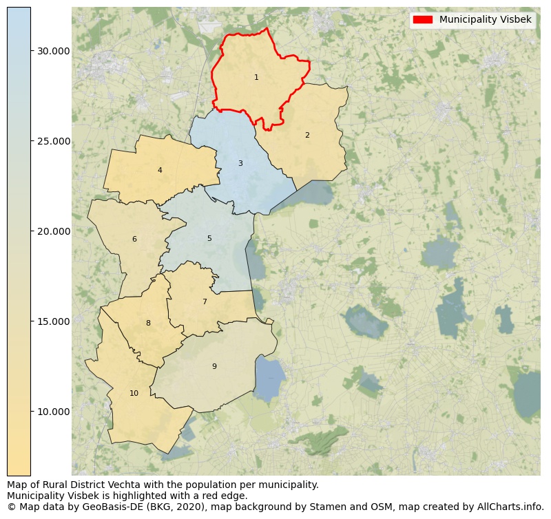 Map of Rural district Vechta with the population per municipality.Municipality Visbek is highlighted with a red edge.. This page shows a lot of information about residents (such as the distribution by age groups, family composition, gender, native or German with an immigration background, ...), homes (numbers, types, price development, use, type of property, ...) and more (car ownership, energy consumption, ...) based on open data from the German Federal Agency for Cartography, the Federal Statistical Office (DESTATIS), the Regional Statistical Offices and various other sources!