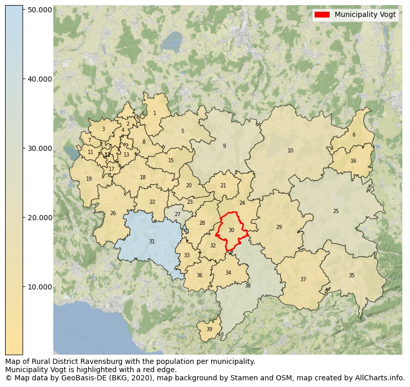 Map of Rural district Ravensburg with the population per municipality.Municipality Vogt is highlighted with a red edge.. This page shows a lot of information about residents (such as the distribution by age groups, family composition, gender, native or German with an immigration background, ...), homes (numbers, types, price development, use, type of property, ...) and more (car ownership, energy consumption, ...) based on open data from the German Federal Agency for Cartography, the Federal Statistical Office (DESTATIS), the Regional Statistical Offices and various other sources!