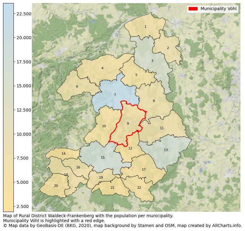 Map of Rural district Waldeck-Frankenberg with the population per municipality.Municipality Vöhl is highlighted with a red edge.. This page shows a lot of information about residents (such as the distribution by age groups, family composition, gender, native or German with an immigration background, ...), homes (numbers, types, price development, use, type of property, ...) and more (car ownership, energy consumption, ...) based on open data from the German Federal Agency for Cartography, the Federal Statistical Office (DESTATIS), the Regional Statistical Offices and various other sources!