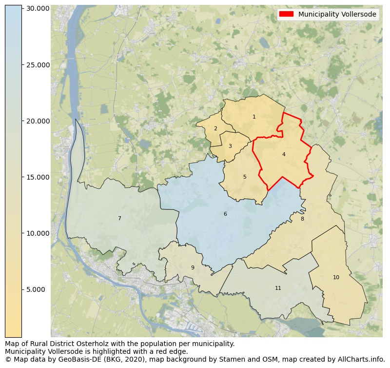 Map of Rural district Osterholz with the population per municipality.Municipality Vollersode is highlighted with a red edge.. This page shows a lot of information about residents (such as the distribution by age groups, family composition, gender, native or German with an immigration background, ...), homes (numbers, types, price development, use, type of property, ...) and more (car ownership, energy consumption, ...) based on open data from the German Federal Agency for Cartography, the Federal Statistical Office (DESTATIS), the Regional Statistical Offices and various other sources!