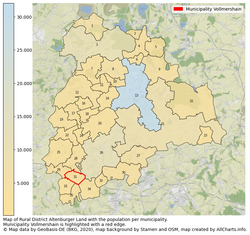Map of Rural district Altenburger Land with the population per municipality.Municipality Vollmershain is highlighted with a red edge.. This page shows a lot of information about residents (such as the distribution by age groups, family composition, gender, native or German with an immigration background, ...), homes (numbers, types, price development, use, type of property, ...) and more (car ownership, energy consumption, ...) based on open data from the German Federal Agency for Cartography, the Federal Statistical Office (DESTATIS), the Regional Statistical Offices and various other sources!