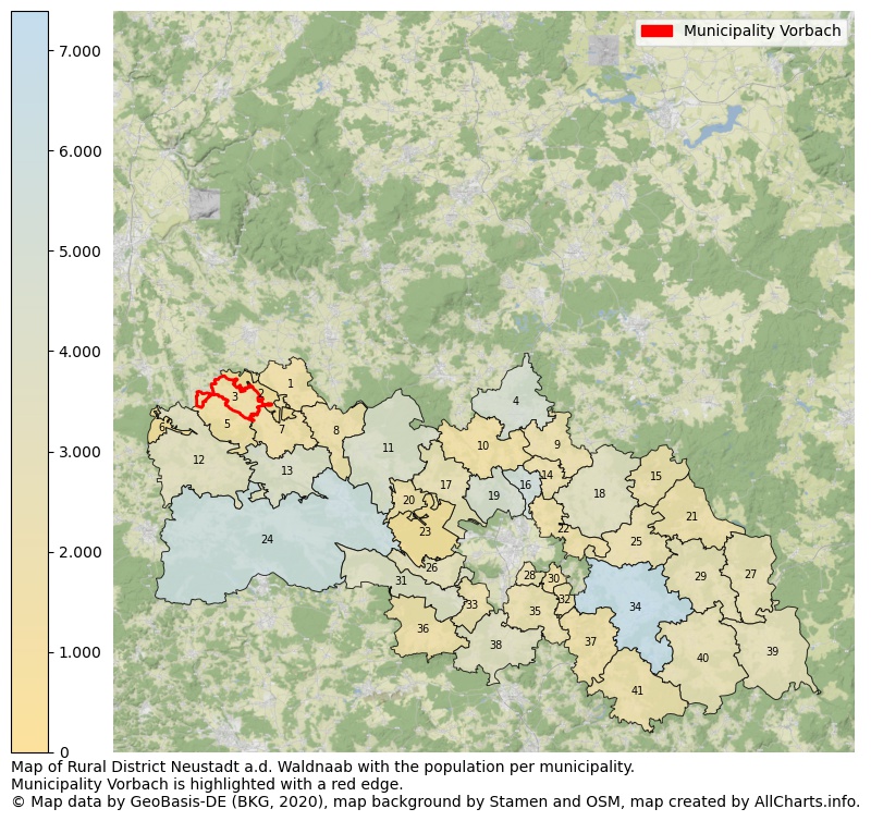 Map of Rural district Neustadt a.d. Waldnaab with the population per municipality.Municipality Vorbach is highlighted with a red edge.. This page shows a lot of information about residents (such as the distribution by age groups, family composition, gender, native or German with an immigration background, ...), homes (numbers, types, price development, use, type of property, ...) and more (car ownership, energy consumption, ...) based on open data from the German Federal Agency for Cartography, the Federal Statistical Office (DESTATIS), the Regional Statistical Offices and various other sources!