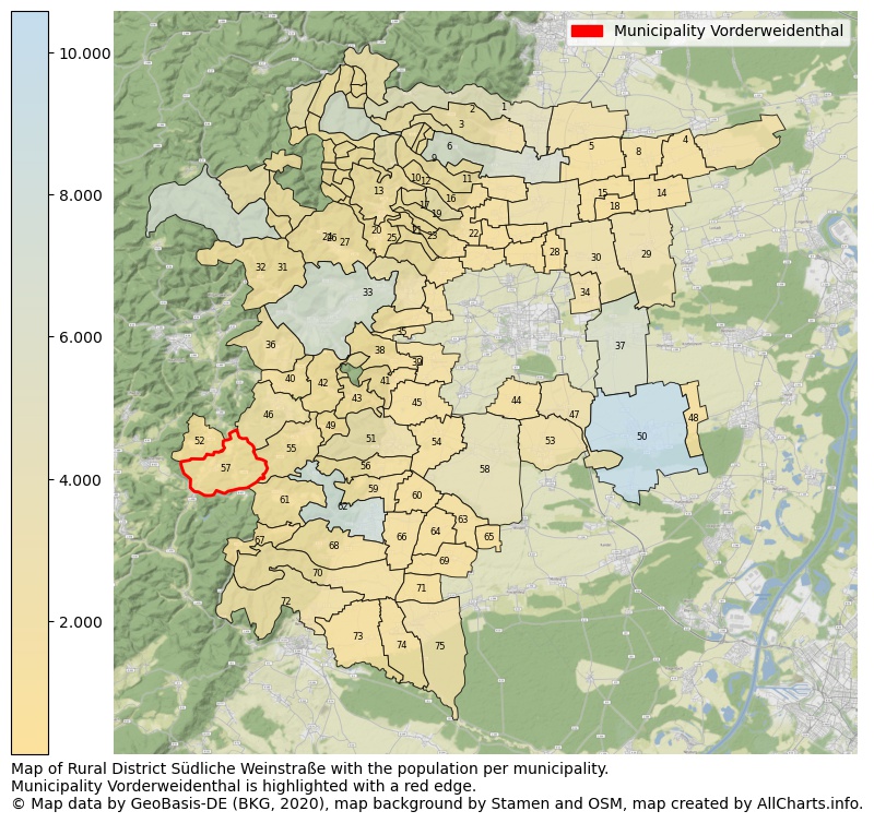 Map of Rural district Südliche Weinstraße with the population per municipality.Municipality Vorderweidenthal is highlighted with a red edge.. This page shows a lot of information about residents (such as the distribution by age groups, family composition, gender, native or German with an immigration background, ...), homes (numbers, types, price development, use, type of property, ...) and more (car ownership, energy consumption, ...) based on open data from the German Federal Agency for Cartography, the Federal Statistical Office (DESTATIS), the Regional Statistical Offices and various other sources!