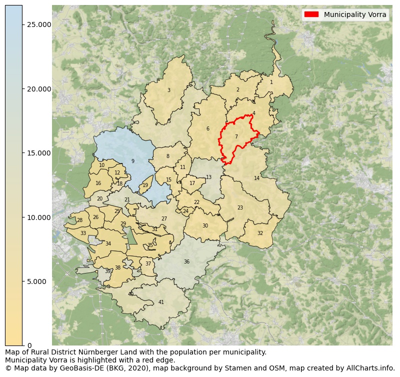 Map of Rural district Nürnberger Land with the population per municipality.Municipality Vorra is highlighted with a red edge.. This page shows a lot of information about residents (such as the distribution by age groups, family composition, gender, native or German with an immigration background, ...), homes (numbers, types, price development, use, type of property, ...) and more (car ownership, energy consumption, ...) based on open data from the German Federal Agency for Cartography, the Federal Statistical Office (DESTATIS), the Regional Statistical Offices and various other sources!