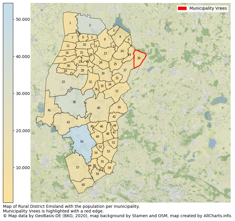 Map of Rural district Emsland with the population per municipality.Municipality Vrees is highlighted with a red edge.. This page shows a lot of information about residents (such as the distribution by age groups, family composition, gender, native or German with an immigration background, ...), homes (numbers, types, price development, use, type of property, ...) and more (car ownership, energy consumption, ...) based on open data from the German Federal Agency for Cartography, the Federal Statistical Office (DESTATIS), the Regional Statistical Offices and various other sources!